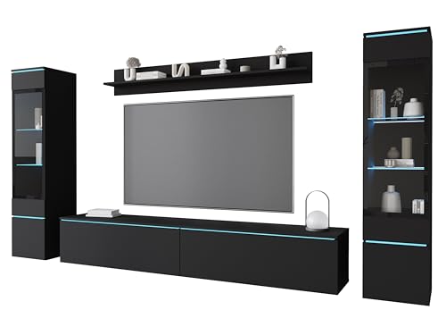 MINIO go for it - Wohnwand 4-Teilig Set Veve 2 I Hängend oder Stehend I 2X Hochschrank-Vitrine I Lowboard Wandboard I Laminierte Spannplatte I Schwarz Graphit Matt - LED Beleuchtung von MINIO go for it