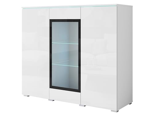 MINIO go for it - Kommode mit Glasstür Veve, Sideboard Wohnzimmer, Vitrine 120 cm Breit, Gablote Weiss matt/Weiss Hochglanz, mit LED-Beleuchtung von MINIO go for it
