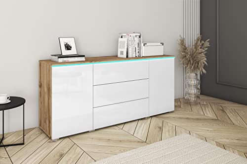 MINIO go for it - Kommode mit Schubladen und Türen Veve, Sideboard Wohnzimmer Schlafzimmer 150 cm Breit, kommode Kommode Wotan Eiche/Weiss Hochglanz, Ohne LED-Beleuchtung von MINIO go for it