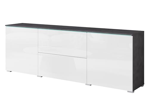 MINIO go for it - Kommode mit Schubladen und Türen Veve, Sideboard Wohnzimmer Schlafzimmer 180 cm Breit, Kommode Matera Graphite Farbe/Weiss Hochglanz, mit LED-Beleuchtung von MINIO go for it