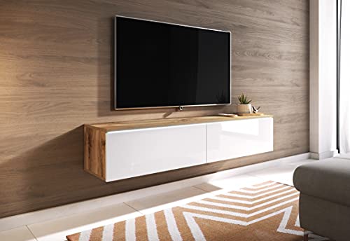 TV Schrank Donna, Breite 140 cm, TV Lowboard, Stehend oder Hängend, Fernsehschrank für das Wohnzimmer, Laminierte Spannplatte, Moderner Stil, Wotan Eiche/Weiss Hochglanz - LED Beleuchtung von MINIO go for it