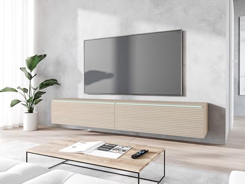 MINIO go for it - TV Schrank Donna, Breite 180 cm, TV Lowboard, Stehend oder Hängend, Fernsehschrank für das Wohnzimmer, Gaja Eiche/Gaja Eiche mit Lamellenmuster - LED Beleuchtung von MINIO go for it