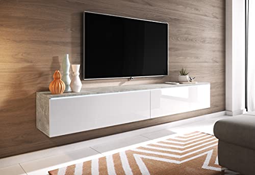 TV Schrank Donna, Breite 180 cm, TV Lowboard, Stehend oder Hängend, Fernsehschrank für das Wohnzimmer, Laminierte Spannplatte, Moderner Stil, Beton/Weiss Hochglanz - ohne LED Beleuchtung von MINIO go for it