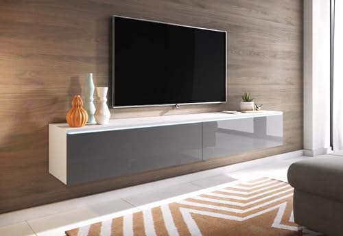 TV Schrank Donna, Breite 180 cm, TV Lowboard, Stehend oder Hängend, Fernsehschrank für das Wohnzimmer, Laminierte Spannplatte, Moderner Stil, Weiss Matt / Grau Hochglanz - LED Beleuchtung von MINIO go for it