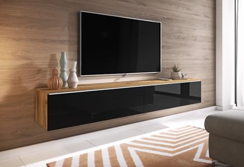 TV Schrank Donna, Breite 180 cm, TV Lowboard, Stehend oder Hängend, Fernsehschrank für das Wohnzimmer, Laminierte Spannplatte, Moderner Stil, Wotan Eiche/Schwarz Hochglanz - LED Beleuchtung von MINIO go for it