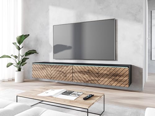 MINIO go for it TV Schrank 180 cm Breit Donna, TV Board Hängend oder Stehend, Fernsehtisch, Modern Lowboard mit LED, Farbe: Graphit Schwarz/Wotan Eiche mit Herringbone Muster - LED Beleuchtung von MINIO go for it