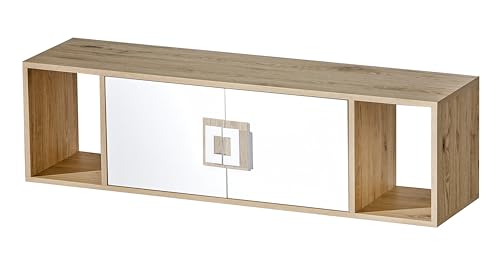 Wandregal NIMES 12, 120x33x31 cm, Hängeschrank mit 2 Türen, Hängevitrine mit 3 Nischen, Wand Regal Aus Laminierte Spannplatte, Ideal für das Wohnzimmer und Kinderzimmer, Farbe Eiche Hell/Weiß von MINIO go for it