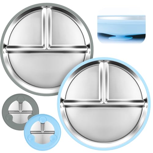 MINISOISO 2 Stück Edelstahl Babyteller mit Saugnapf, 23CM Kinderteller mit Saugnapf mit 2 Abnehmbarem Silikonhüllen, Geteilte Kinder Teller, BPA-Frei, Auslaufsicher, Spülmaschinenfest MINISOISO 2 Stück Edelstahl Babyteller mit Saugnapf, 23CM Kinderteller mit Saugnapf mit 2 Abnehmbarem Silikonhüllen, Geteilte Kinder Teller, BPA-Frei, Auslaufsicher, Spülmaschinenfest von MINISOISO