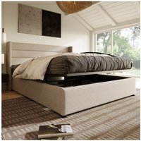 Bett mit Stauraum, gepolstertes Bett, hydraulisches Doppelbett 180 x 200 cm, Lattenrost aus Holz, Bett mit Lattenrost aus Metall, Leinen, Beige von MINKUROW