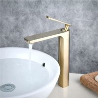 Badezimmer-Wasserhahn, moderne, hohe Waschtischarmaturen aus gebürstetem Gold mit massivem Messinggehäuse und heiß- und kaltverstellbarer von MINKUROW