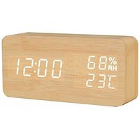 Minkurow - Digitalanzeige Led Uhr Holz Schreibtisch Humidometer Sprachsteuerung Leuchtende Digitale Tischuhr Timer Bambus Weiße Lampe von MINKUROW