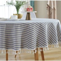 Minkurow - Gestreifte Baumwoll-Leinen-Tischdecke mit Fransen, blaue Streifen, Picknick-Tischdecke, dekorativer Hintergrund, moderner Bezug, von MINKUROW