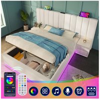 Polsterbett 160×200, Doppelbett Stauraumbett mit App Control led und usb-c Ladefunktion, Bettgestell mit Lattenrost, pu, Weiß, Ohne Matratze und von MINKUROW