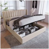 Stauraumbett Polsterbett Hydraulisch Doppelbett 180x200cm, Lattenrost aus Holz, Bett mit Lattenrost aus Metallrahmen, Leinen, Beige von MINKUROW