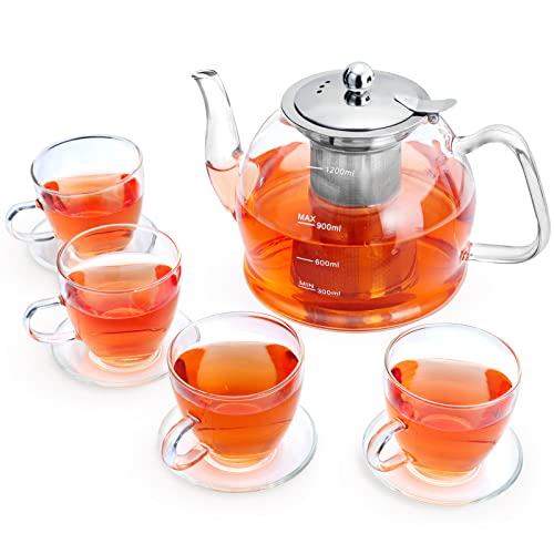 1200ML Teekanne Glas Set, Teekanne mit Siebeinsatz, Teeservice 4 Gläser, Borosilikatglas Teekanne, Glasteekanne, Teekanne Glas mit Siebeinsatz, Tee-Ei für lose Blätter Teekanne Set von MINO ANT