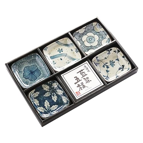 MINO WARE JAPAN Indigo Färben Japanisches Muster Kleine Teller Set von 5 Sojasaucen-Teller, Gewürzteller, Vorspeisenteller, mit Geschenkbox, Made in Japan (Quadratischer Teller) von MINO WARE JAPAN