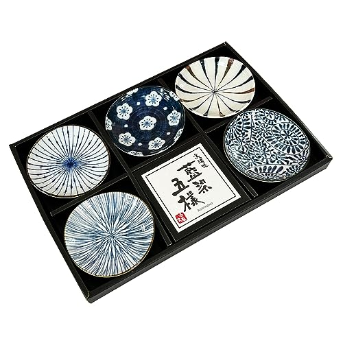 MINO WARE JAPAN Indigo Färben Japanisches Muster Kleine Teller Set von 5 Sojasaucen-Teller, Gewürzteller, Vorspeisenteller, mit Geschenkbox, Made in Japan (runder Teller) von MINO WARE JAPAN
