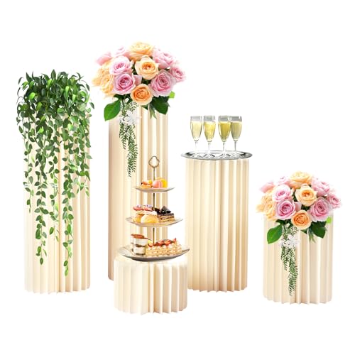 MINRS 5 Stücken Hochzeit Karton Blumensäule Vasen Faltbarer Tafelaufsatz aus Karton, Säulen-Display mit Acryldeckel, Faltbarer Blumenständer Dekosäule für Hochzeit, Party, Garten von MINRS