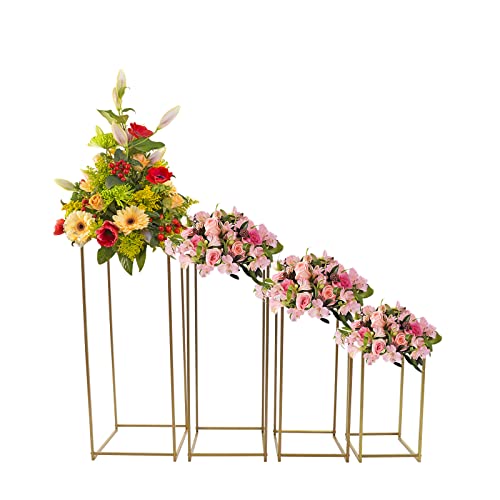 MINRS Blumenständer Gold 4 Stück Hohe Geometrische Metall Blumenboden Vase Säule Blumenständer Rechteckige Blumen Display Rack für Zuhause Party Hochzeit, 45-60-75-90cm von MINRS