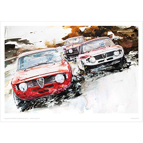 MINSEOK Aquarell-Auto-Poster, Raumdekoration, hochwertiger A3-Kunstdruck, perfektes Auto-Wandkunst, Geschenk, dynamische rote alte Autos von MINSEOK