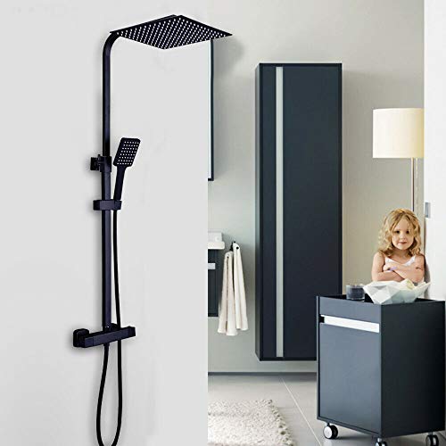 Duscharmatur Duschsystem Duschset mit Thermostat Regendusche Schwarz Duschgarnitur Brausegarnitur mit Handbrause Wasserfall Duschkopf (30x30CM) von MINUS ONE