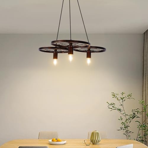 MINUS ONE Retro Wagenrad Hängelampe Metall Kronleuchter 3/6 Rad Wohnzimmer Deckenleuchte Pendelleuchte E27 Lampenhalter Lampe Licht EU-Stecker Keine Glühbirne (Bronze, 3 Rad) von MINUS ONE