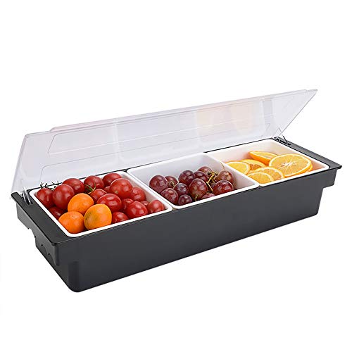 Zutatenbehälter Set 3-teilig | Barbeilagenbehälter mit Deckel | 3X 400 ml Fächer für Zitronen, Obst, Oliven und Cocktail Zutaten | 50x15x10cm | schwarz mit transparentem Klappdeckel Zutatenbehälter Set 3-teilig | Barbeilagenbehälter mit Deckel | 3X 400 ml Fächer für Zitronen, Obst, Oliven und Cocktail Zutaten | 50x15x10cm | schwarz mit transparentem Klappdeckel von Futchoy