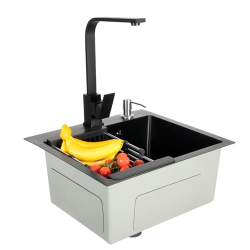 Spülbecken Edelstahl Eckig 45x40 cm Küchenspüle mit Küchenarmatur Seifenspender, Einzelbecken Einbauspüle Küche Spüle Kitchen Sink inkl Siphon und Ablaufgarnitur für 40er Unterschrank von MINUS ONE