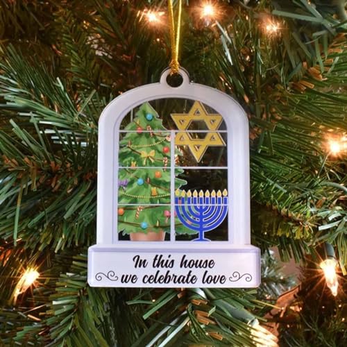 Personalized Hanukkah Ornament, Christmas Hanukkah Acrylic Ornament, in This House We Celebrate Love Menorah Ornament, Interfaith Holiday Decorations, Hanukkah Ornaments for Tree (D) von MIOKUKO