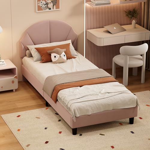 MIOOSUT Doppelbett, gepolstert, 90 x 200 cm, mit Lattenrost aus Holz, Jugendbett, mit höhenverstellbarem Kopfteil, aus Samt, ohne Matratze (Rosa, A, 90 x 200 cm) von MIOOSUT