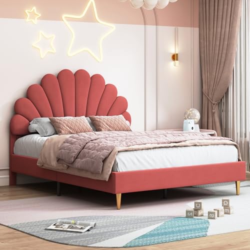 MIOOSUT Kinderbett, gepolstert, 140 x 200 cm, Doppelbett, Bettgestell mit Kopfteil, Blumenform, Samt, für Kinder, Jugendliche, Erwachsene, ohne Matratze (Rot, 140 x 200 cm) von MIOOSUT