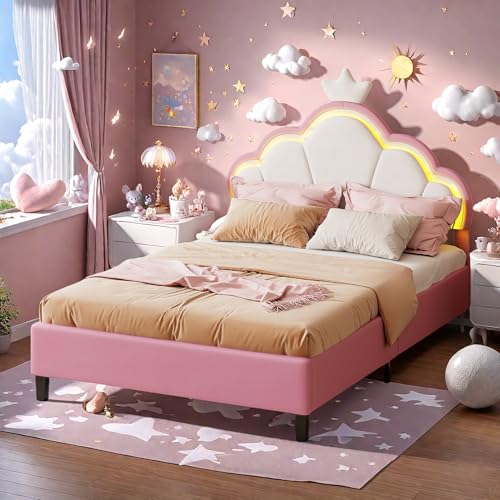 MIOOSUT Prinzessinnenbett, 90 x 200 cm, gepolstertes Bett mit verstellbarem Kopfteil, Mädchenbett mit LED, Kronendesign, Samt, ohne Matratze (Rosa, 90 x 200 cm) von MIOOSUT