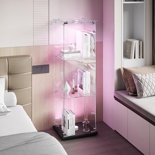 MIOOSUT Vitrine aus Glas, modern, aus Glas, 3 Schichten, mit mehrfarbigem LED-Licht, Vitrine, Sammlervitrine, für Handwerk, Wohnzimmer, Bücher (Schwarz, 1 Tür, 3 Etagen) von MIOOSUT
