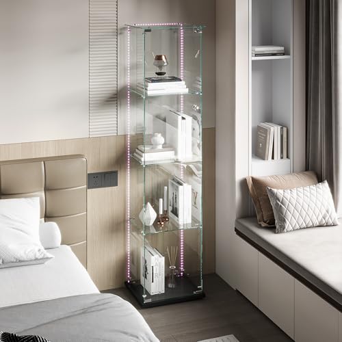 MIOOSUT Vitrine aus Glas, moderner Sammlerschrank aus Glas, 4 Ebenen, mit LED-Lichtstreifen, Vitrine, Sammlervitrine, für Handwerk, Wohnzimmer, Bücher (Schwarz-A, 1 Tür, 4 Etagen) von MIOOSUT