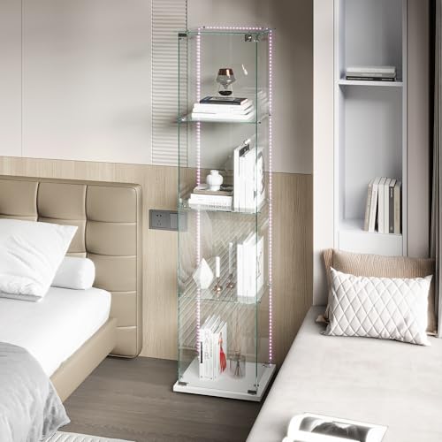 MIOOSUT Vitrine aus Glas, moderner Sammlerschrank aus Glas, 4 Ebenen, mit LED-Lichtstreifen, Vitrine, Sammlervitrine, für Handwerk, Wohnzimmer, Bücher (weiß, A, 1 Tür, 4 Etagen) von MIOOSUT