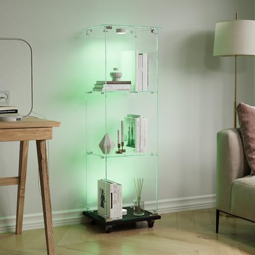 Vitrine aus Glas mit 4 drehbaren Rädern, moderner Sammlerschrank aus Glas, mit mehrfarbigem LED-Licht, Vitrine, für Handwerk, Wohnzimmer, Bücher (schwarz, 1 Tür, 3 Etagen mit Rädern) von MIOOSUT