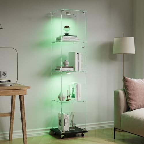 Vitrine aus Glas mit 4 drehbaren Rädern, moderner Sammlerschrank aus Glas, mit mehrfarbigem LED-Licht, Vitrine, für Handwerk, Wohnzimmer, Bücher (schwarz, 1 Tür mit 4 Etagen mit Rädern) von MIOOSUT