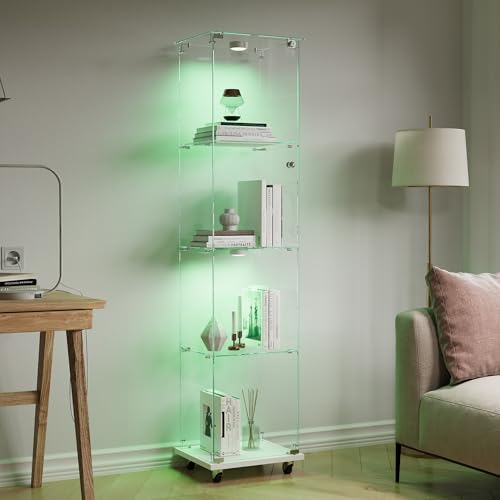 Vitrine aus Glas mit 4 drehbaren Rädern, moderner Sammlerschrank aus Glas, mit mehrfarbigem LED-Licht, Vitrine, für Handwerk, Wohnzimmer, Bücher (weiß, 1 Tür mit 4 Etagen mit Rädern) von MIOOSUT