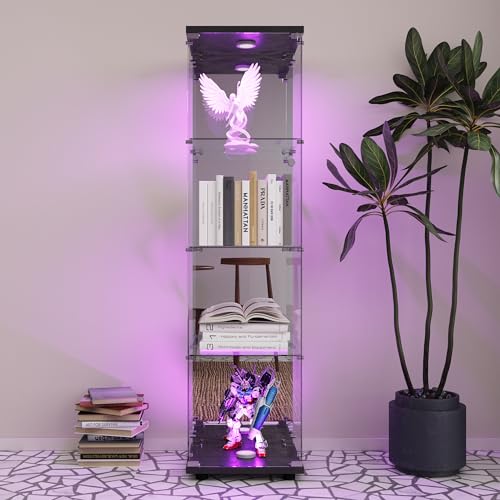 Vitrine aus Glas mit LED und Spiegel, freistehende Vitrine aus Glas mit 1 Tür 4 Einlegeböden transparent Möbel Vitrine Glas Sammlervitrine Wohnzimmer (4 Ebenen, 1 Tür LED + Spiegel, schwarz) von MIOOSUT