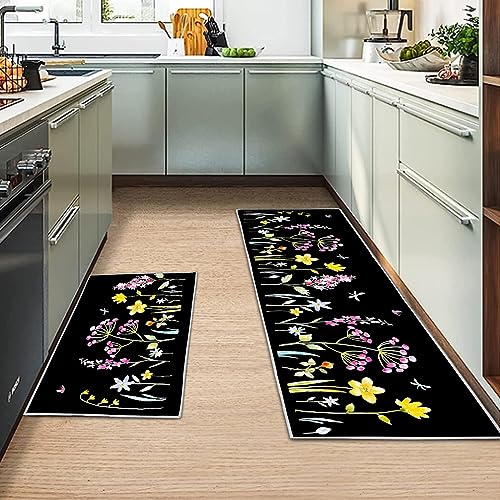 MIQEBX 2 Stück Küchenteppiche Rutschfestes Küchenmatten,küchenläufer waschbar rutschfest, küche Teppich Für Küche Wohnzimmer, Esszimmer, Badezimmer (Blume B, 43x150cm+43x75cm) von MIQEBX