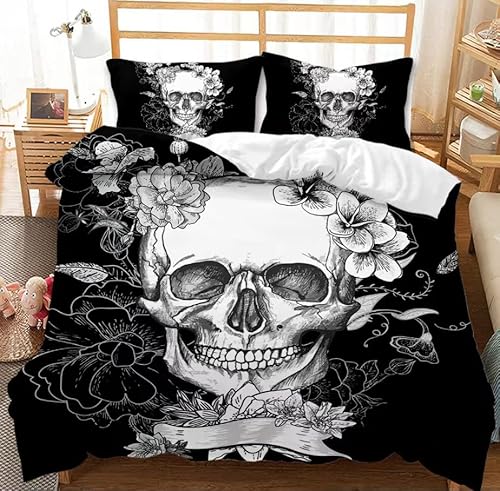 MIQEBX 3D Totenkopf Bettwäsche-Set,Halloween Gotisch-Bettbezug Für Teenager,Schädel und Rosen Microfaser Bettwäsche Mit Reißverschluss Und 2 Kissenbezug 50x75cm (D, 220x240cm) von MIQEBX