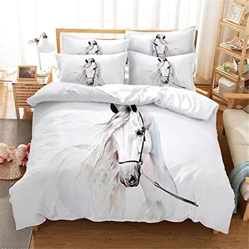 MIQEBX Kinder Bettwäsche Set Pferde Bettwäsche Set 200x200cm,3D Tiere Weiß Pferd Motiv Bettbezug mit Reißverschluss und 2 Kissenbezug 50x75cm von MIQEBX
