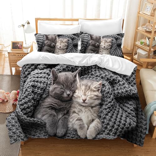 MIQEBX Nettes Katze Bettwäsche Set für Mädchen Jungen Kinder 3D Katze Mikrofaser Bettbezug Set Lustige tierbedruckte Betten Set Kinderzimmer Dekor (Schwarz, 135x200cm) von MIQEBX