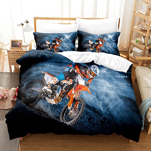 MIQEBX Motocross Bettwäsche 200x200cm,3D Motorrad-Bettbezug mit 2 Kissenbezug,100% Mikrofaser,Extremsport-Thema Blau Bettwäsche für Jugendliche Jungen von MIQEBX