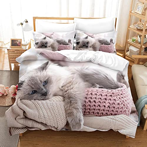 MIQEBX Nettes Katze Bettwäsche Set 135x200cm für Mädchen Jungen Kinder 3D Haustier Katze Mikrofaser Braun Bettbezug Set Lustige tierbedruckte Betten Set Kinderzimmer Dekor von MIQEBX