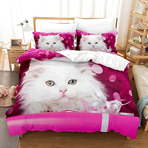 MIQEBX Nettes Katze Bettwäsche Set 220x240cm für Mädchen Jungen Kinder 3D Haustier Katze Mikrofaser Rosa Bettbezug Set Lustige tierbedruckte Betten Set Kinderzimmer Dekor von MIQEBX