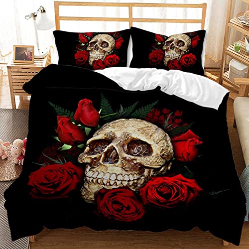 MIQEBX Totenkopf Bettwäsche 135x200cm Halloween Gotisch-Bettbezug Für Teenager,3D Schädel und Rosen Microfaser Bettwäsche Set Mit Reißverschluss Und 2 Kissenbezug 50x75cm von MIQEBX