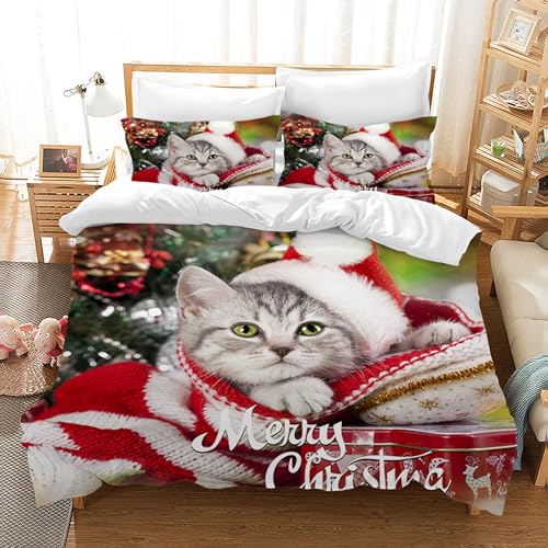 Weihnachten Bettwäsche Set,3teilig Santa Claus Deer Bell vorhanden und Schneemann Muster Bettbezug Set und 2 Kissenbezug 50x75cm,mit Reißverschluss (Weihnachts Katze, 135x200cm) von MIQEBX