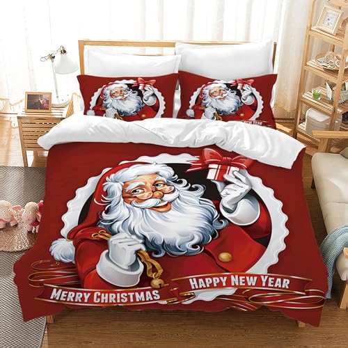 Weihnachten Bettwäsche Set,3teilig Santa Claus Deer Bell vorhanden und Schneemann Muster Bettbezug Set und 2 Kissenbezug 50x75cm,mit Reißverschluss (Weihnachtsmann, 135x200cm) von MIQEBX