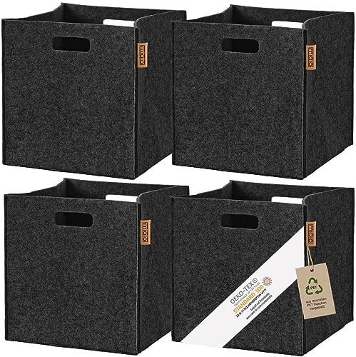 MIQIO® Design Aufbewahrungsbox aus Filz Stoff | 4er Set Aufbewahrungskorb | Faltbox 30x30x30 cm | Organizer Kisten passend für Kallax Regal | Dunkelgrau - Schwarz von Miqio